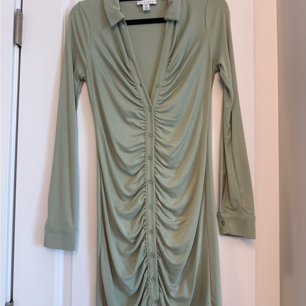 Topshop Sage Green Ruched Long Sleeve Dress